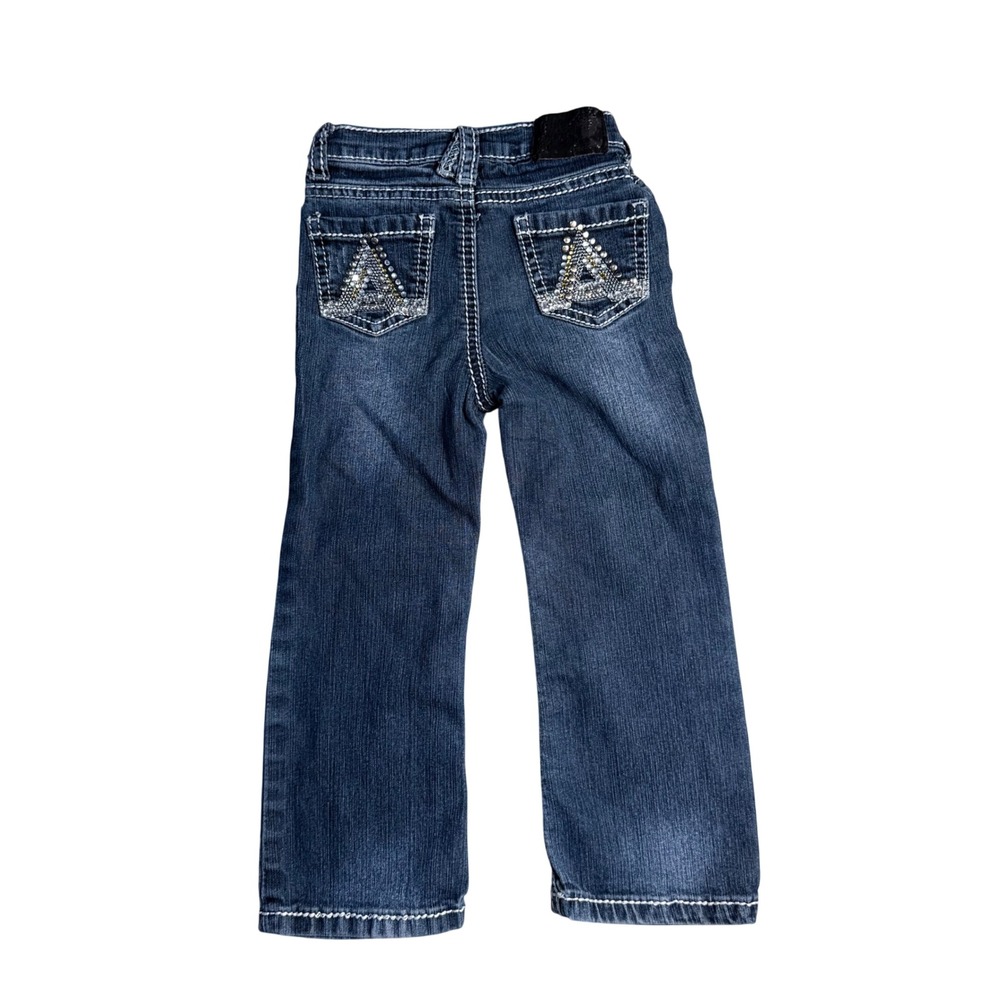 Almost Famous Jeans Girls 3T Blue Dark‎ Wash Thick Stitch Rhinestone Pockets Y2K